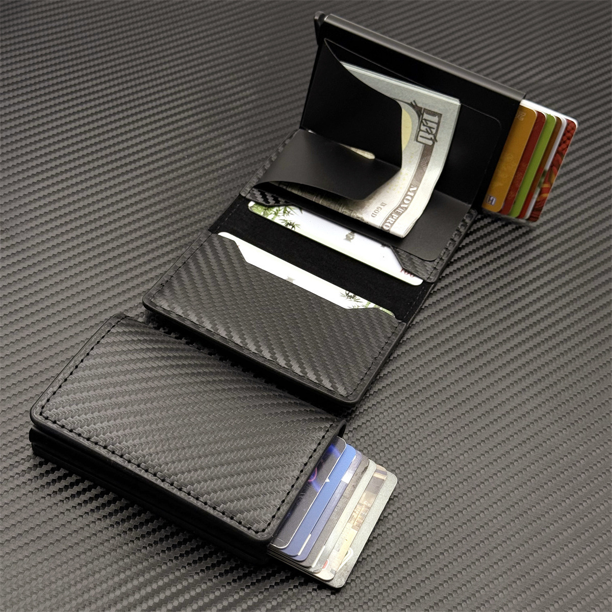 Cross-border exclusive men's card bag for anti-theft swiping, ultra-thin carbon fiber automatic card spring, aluminum alloy bank card bag details Picture