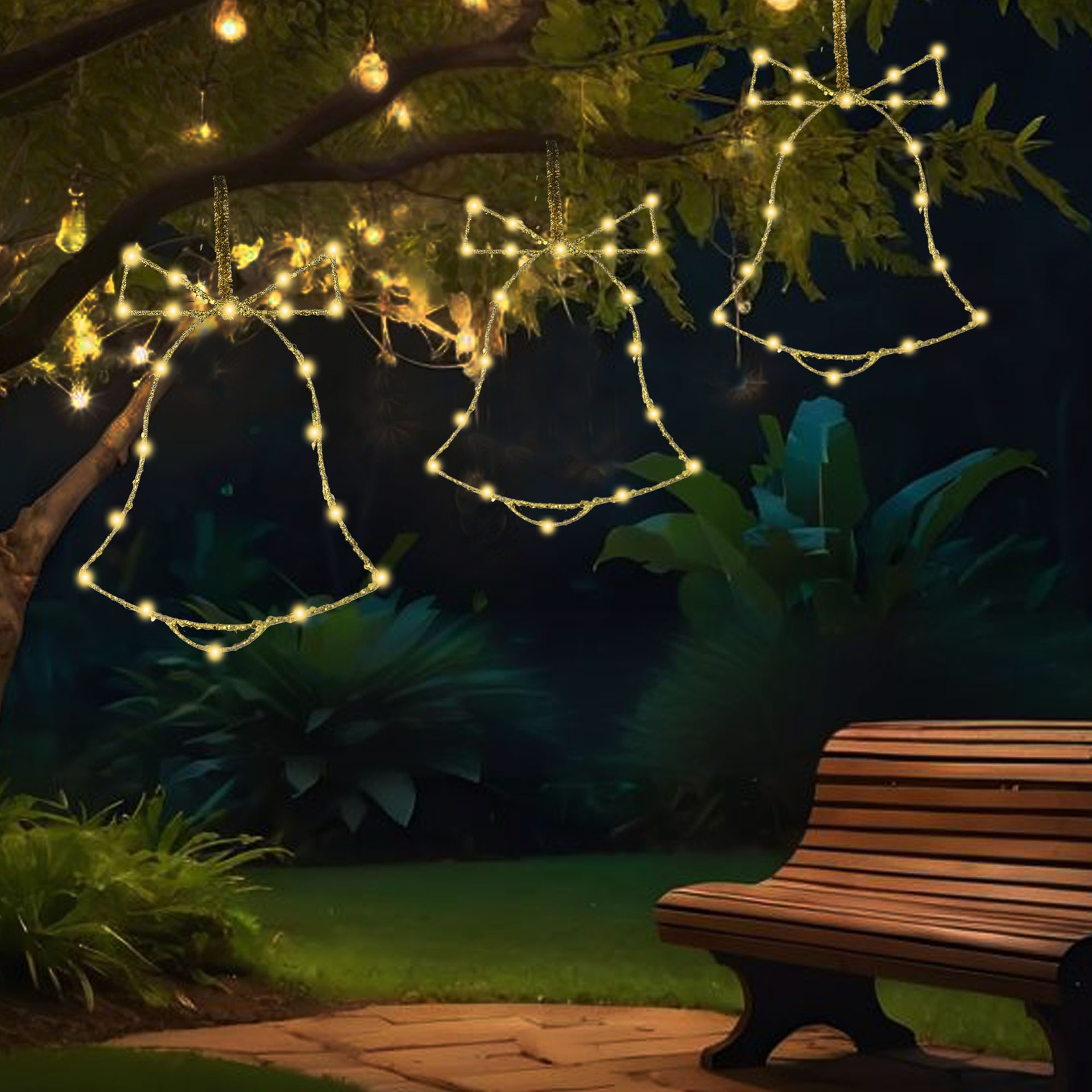 跨境新款圣诞树家用圣诞节装饰铃铛led发光撒粉装饰品圣诞树挂饰