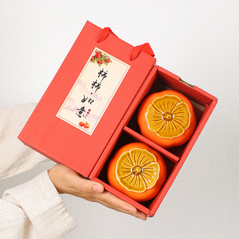 Creative, everything goes well Ceramic persimmon tea canister decoration, small household tea storage, good things come in pairs, gift box set details Picture