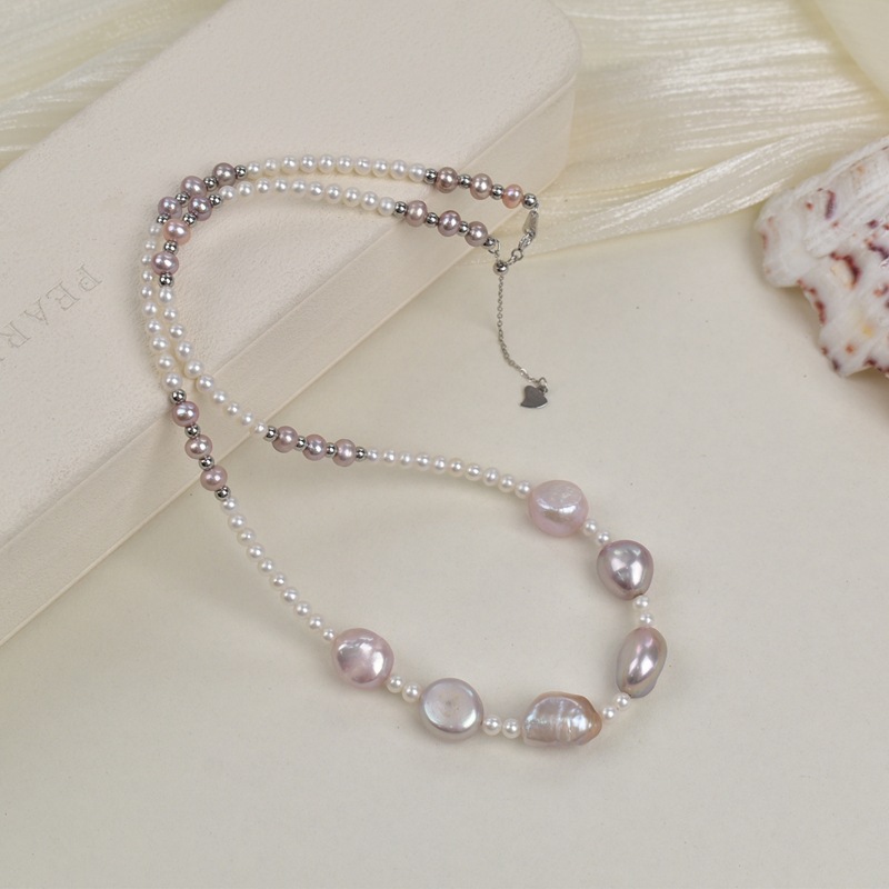 Natural freshwater Baroque irregular-shaped purple pearl necklace for women, light luxury, simple and versatile collarbone chain S925 silver neck chain details Picture