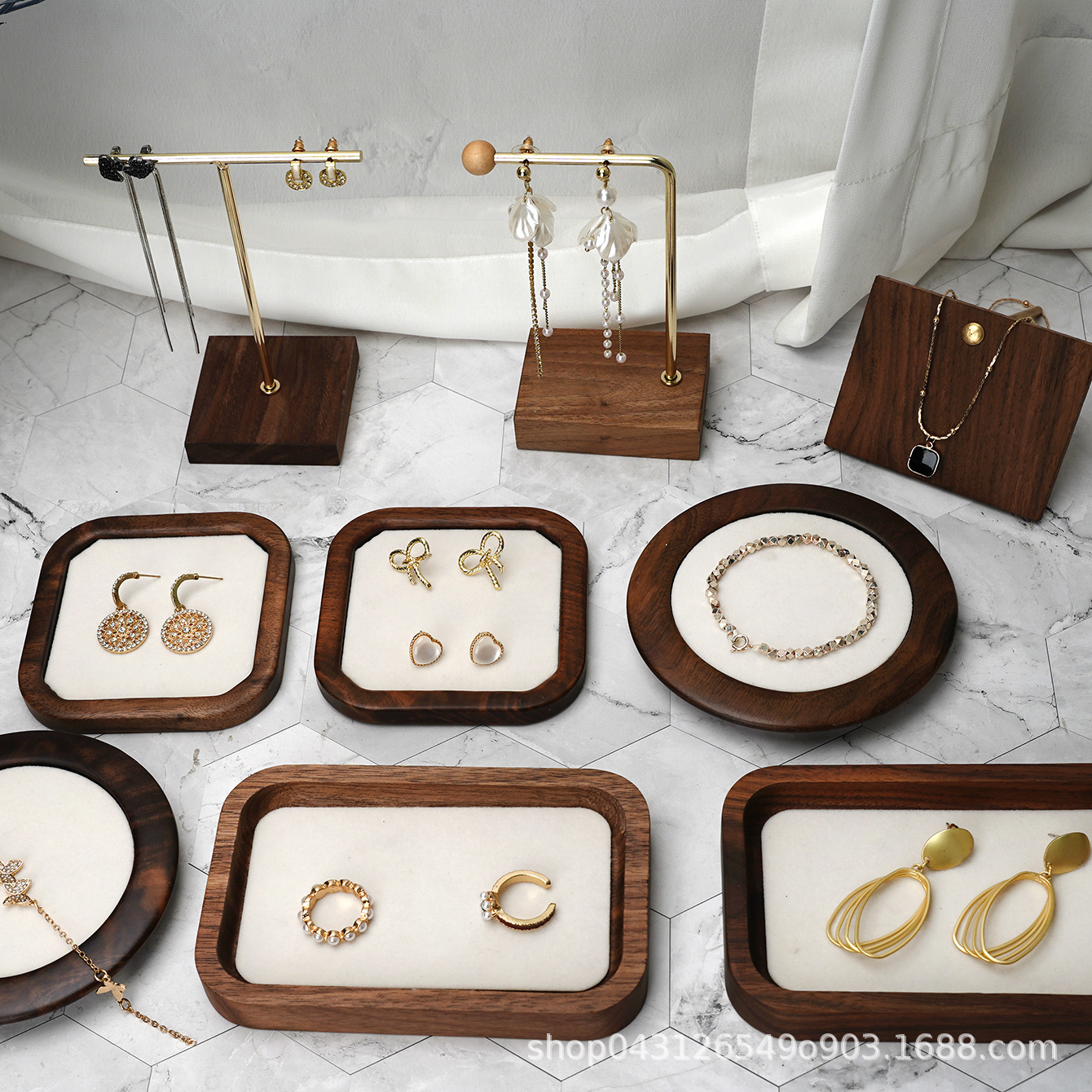 实木首饰托盘木质珠宝收纳盘展示托架饰品摆盘珠宝道具定制组合套细节图