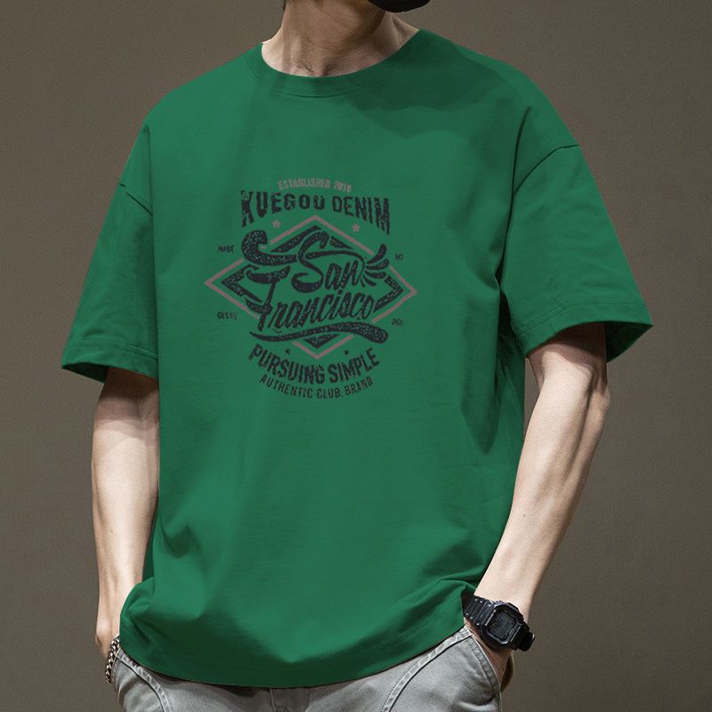 White short-sleeved men's half-sleeved T-shirt with loose print, retro round neck and letter, large-sized American style, a heavyweight Instagram details Picture