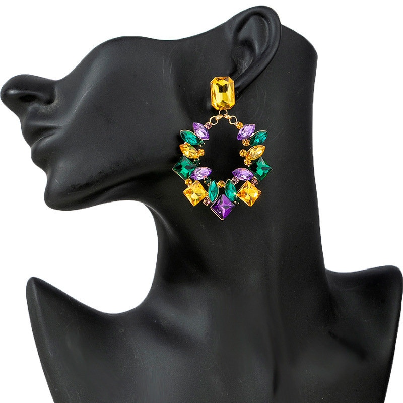 New European and American fashion cross-border retro best-selling colorful flower rhinestone earrings, square pendants, exaggerated style and personalized earrings wholesale full figure