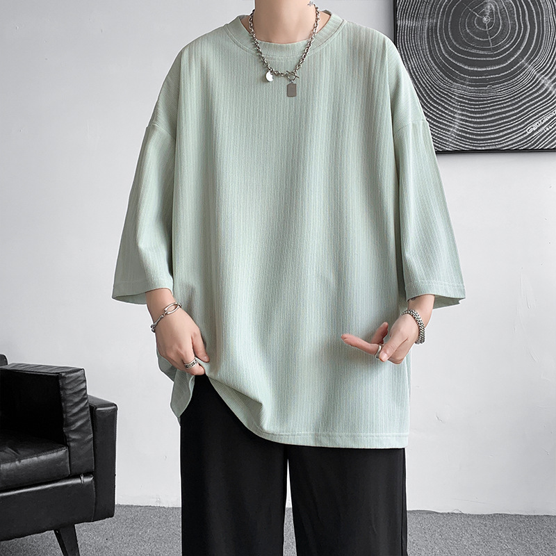 Ice Silk short-sleeved T-shirt men's drape top for summer 2024 new trendy large-sized solid color 7.5-and-a-half-sleeved T-shirt details Picture
