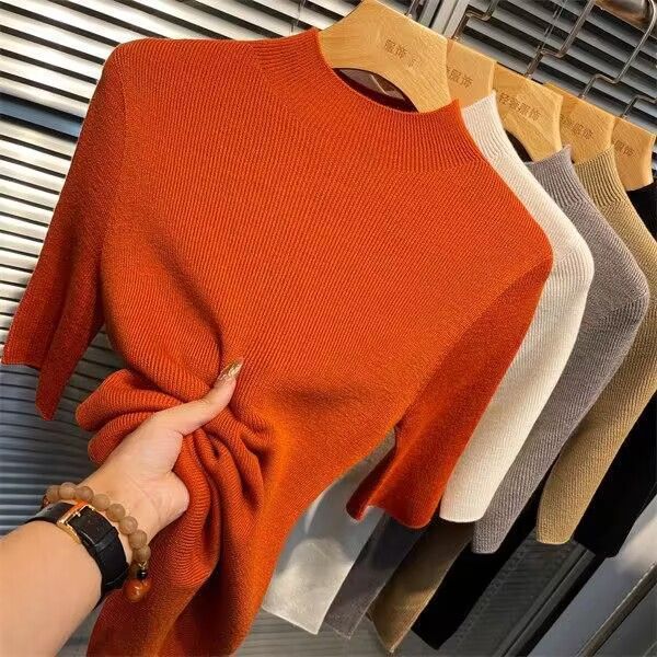 Spring and autumn thin semi-high neck base layer, women's half-sleeved knitted sweater, new five-quarter sleeve slim and stylish mid-sleeved inner layer top