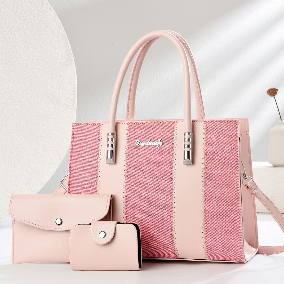 Longxiang pink handbag set: Large handbag, small wallet, card bag, tote bag, men's briefcase, crossbody bag, fashionable and casual bag combination