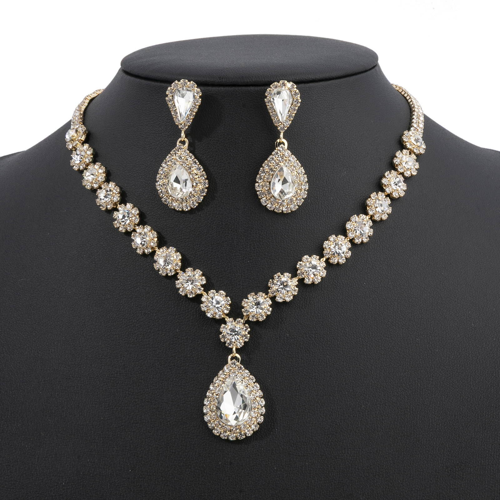 New court-style cross-border teardrop-shaped earrings, necklace and rhinestone set, elegant and refined bridal wedding banquet accessories Item Picture