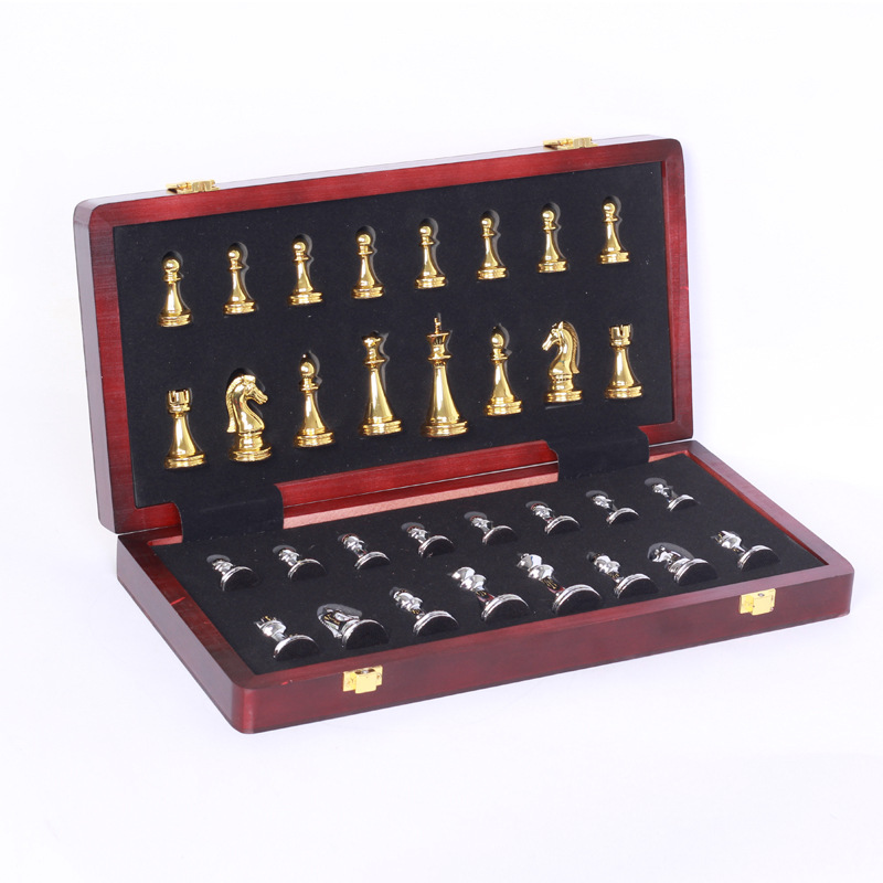 Metal chess set folding chessboard for beginners, adults and children, large bronze chess pieces, educational and portable Item Picture
