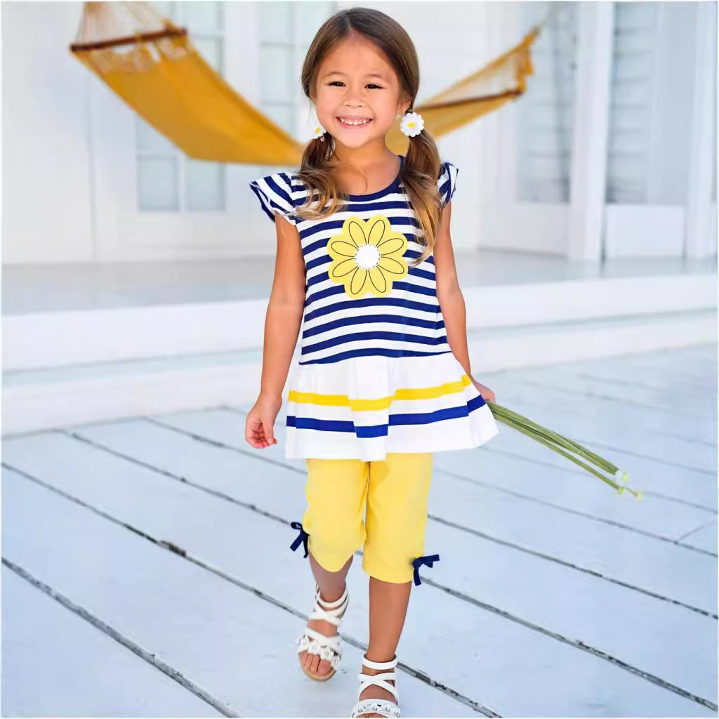2025年夏季爆款外贸童套装女韩版条纹套装中大童小雏菊T恤+裤子