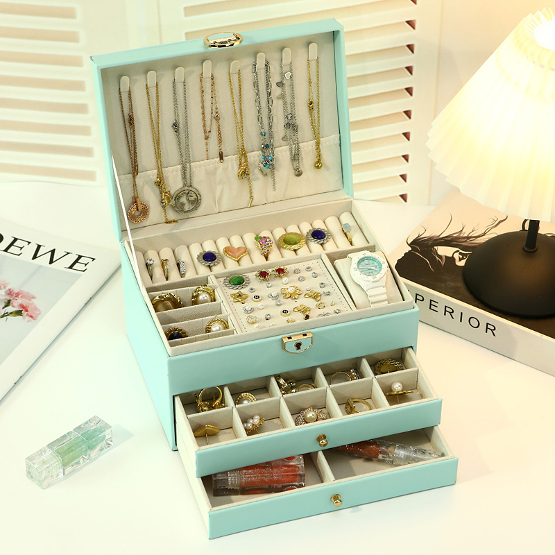 首饰盒三层带锁精致皮革大容量多层收纳首饰多功能家用防尘批发细节图