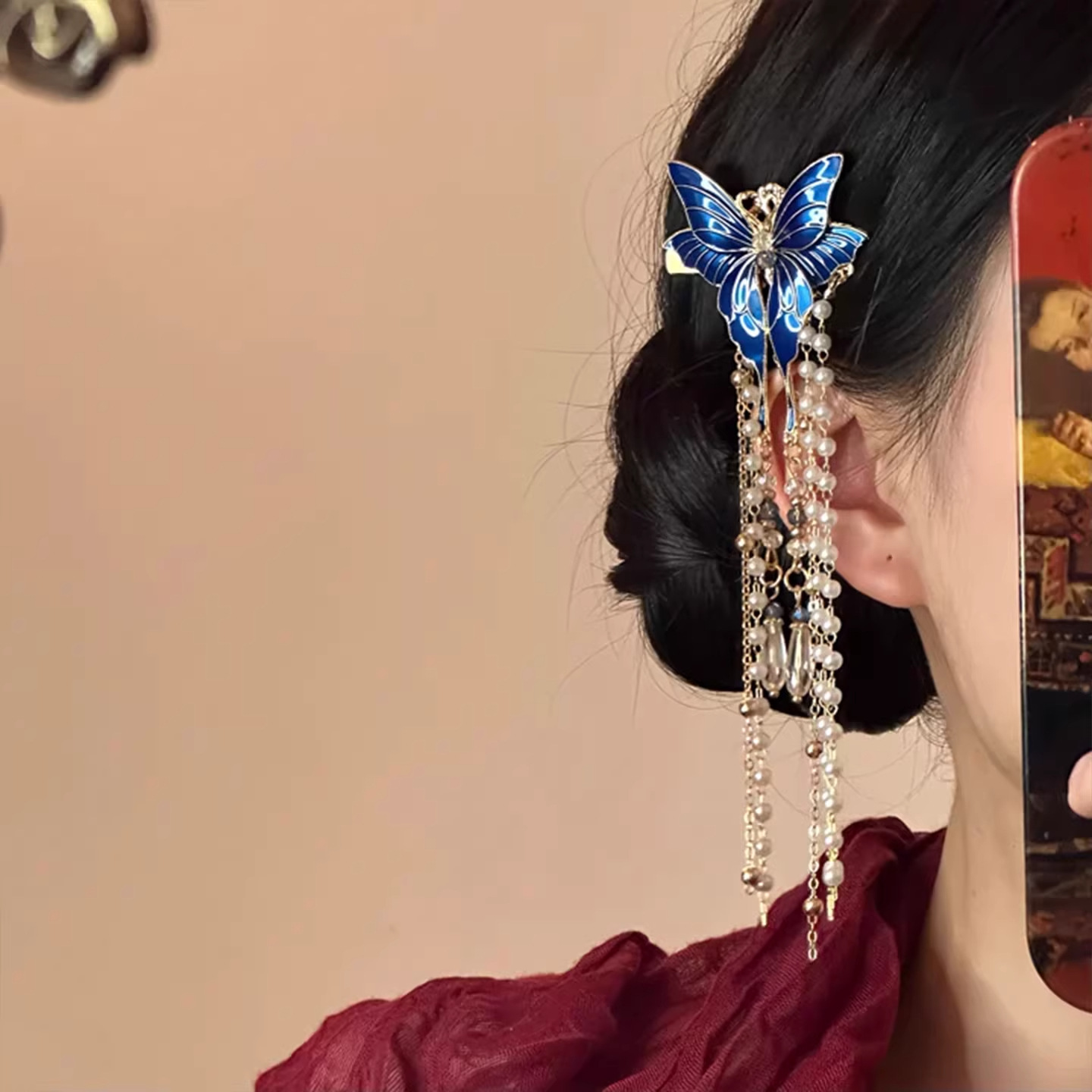 New Chinese-style blue butterfly tassel hair clips, women's side clips, Hanfu headwear, hair clips and hair accessories details Picture