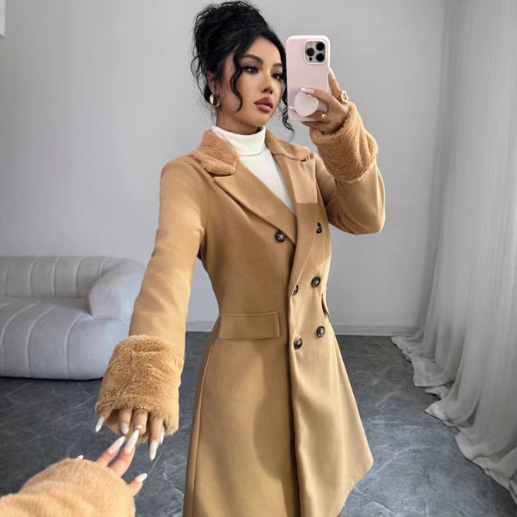 毛袖筒收腰翻驳领毛呢大衣女秋冬新款宽松加厚长款外套