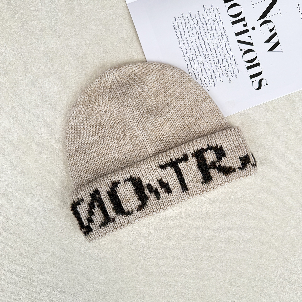 Korean style InS-style letter headwear, round face hat, small woolen knitted hat, warm head wrap for women in autumn and winter Specification image