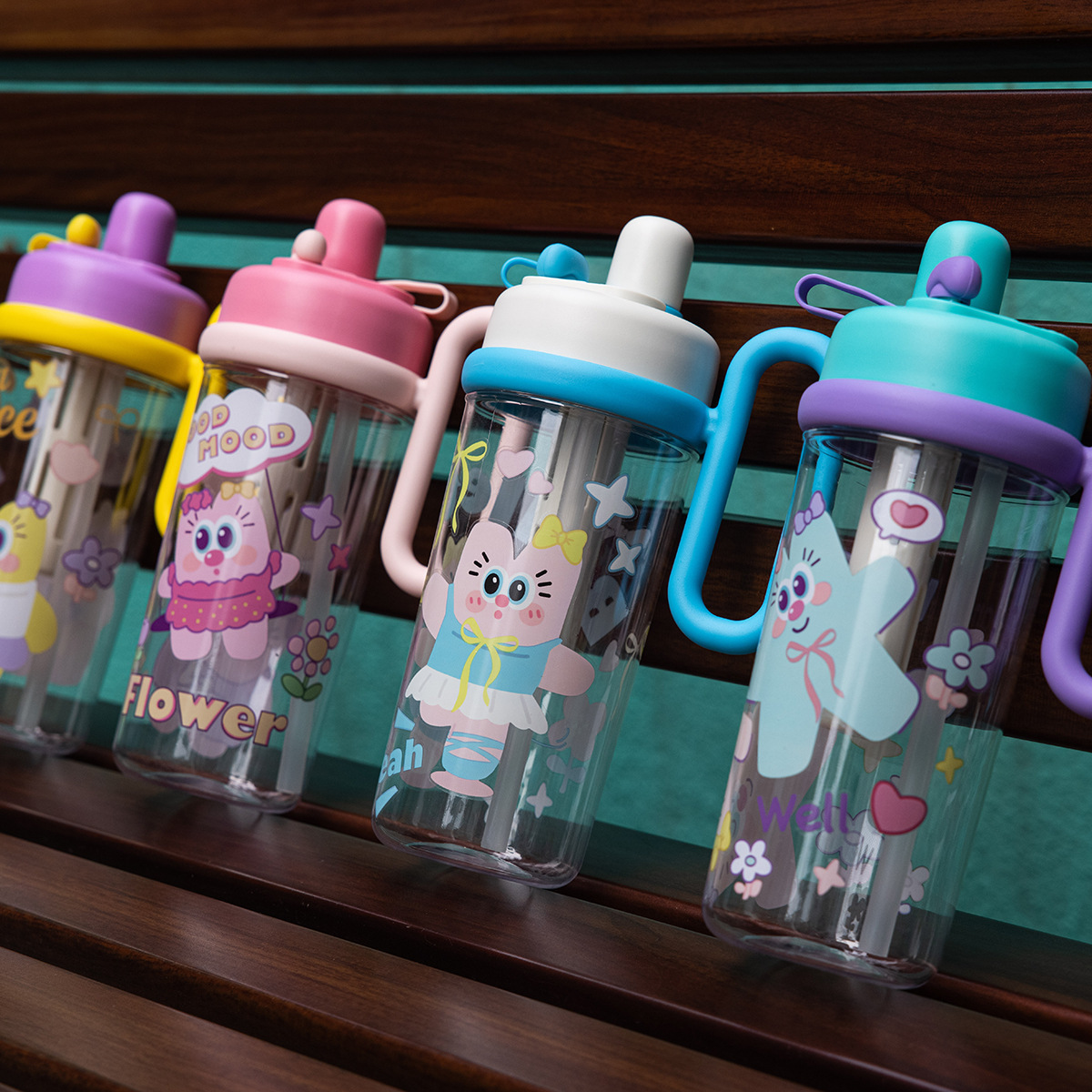 新款卡通儿童塑料水杯女生高颜值双饮杯大容量便携学生上学手柄杯产品图