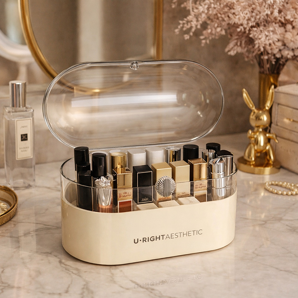Desktop cosmetics storage box, transparent acrylic lipstick box, dressing table, skin care products organization box with lid, dust-proof