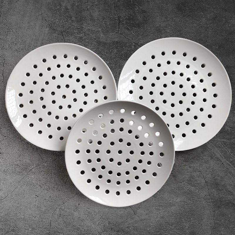 陶瓷多孔蒸盘蒸海鲜创意商用饺子盘盘圆形蒸碟蒸鱼蒸包子沥水盘子细节图