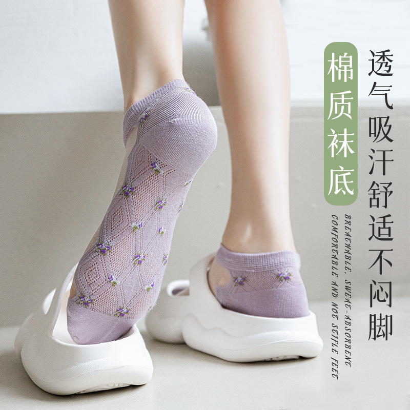 Glass fiber crystal socks for women's summer, thin cotton-soled chiffon short socks, popular Instagram trendy summer shallow mouth boat socks Specification image