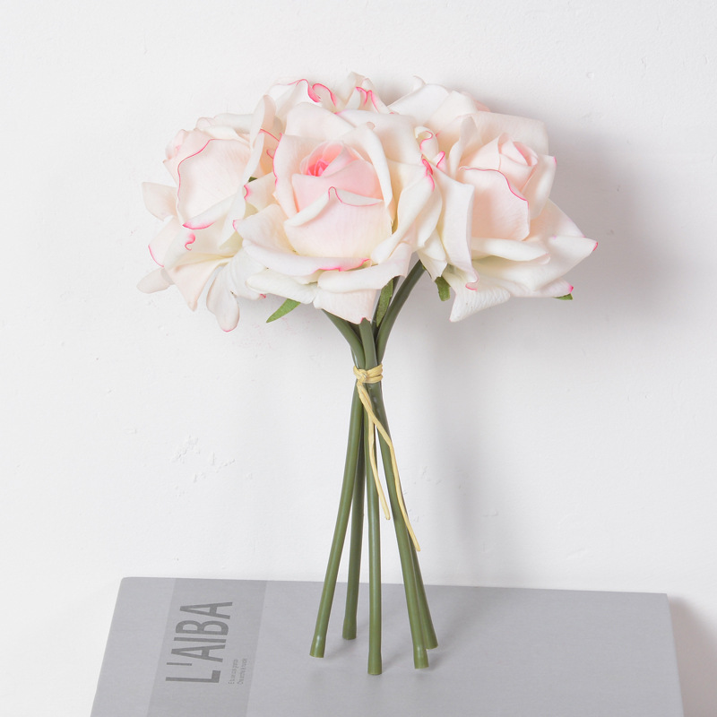 水润保湿手感仿真5头卷边玫瑰花束婚庆手捧人造假花束家居装饰花