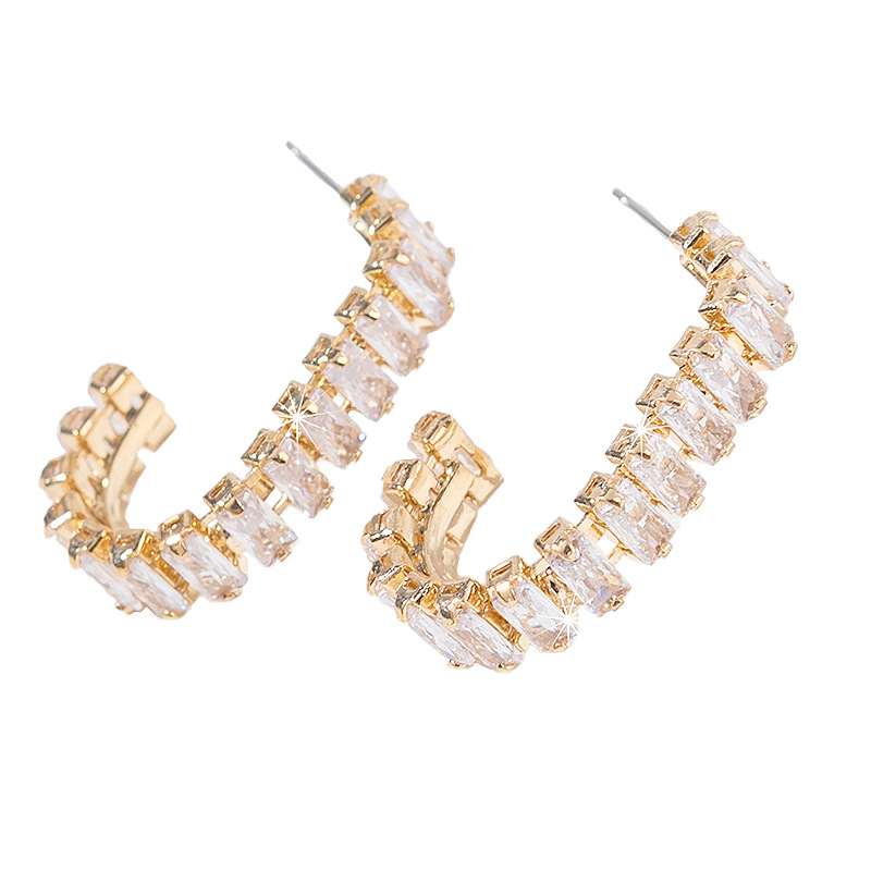 轻奢风满钻C形耳环铜镀金水钻开口耳圈欧美时尚夸张耳饰工厂批发