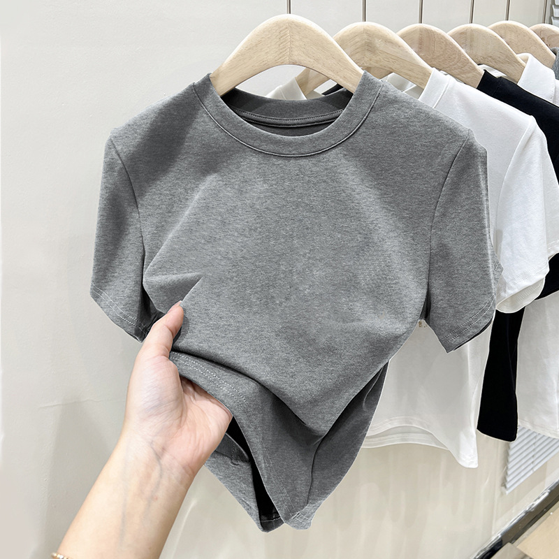 2025夏季纯色辣妹白色短袖t恤女韩版百搭修身显瘦圆领紧身打底衫产品图