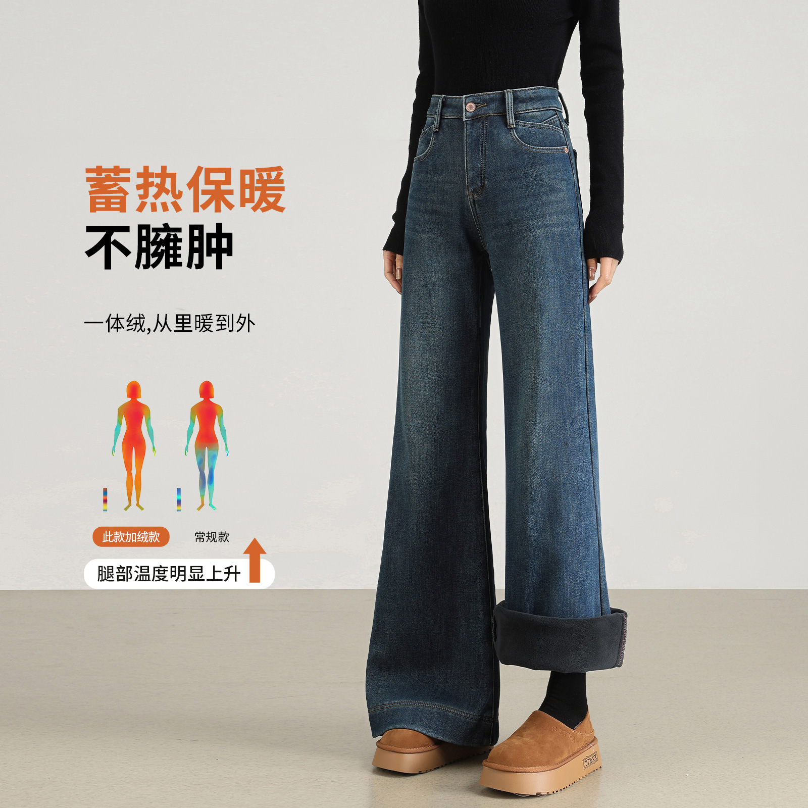 高腰复古牛仔裤女加绒阔腿模特穿着春秋牛仔衬衫牛仔衣男士潮牌