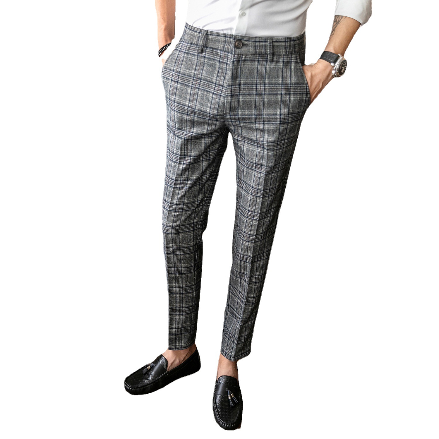 New men's casual trousers in stock for 2025, Korean-style, slimming, fashionable and trendy, with a checkered, no-iron design and a cool, straight-through style Item Picture