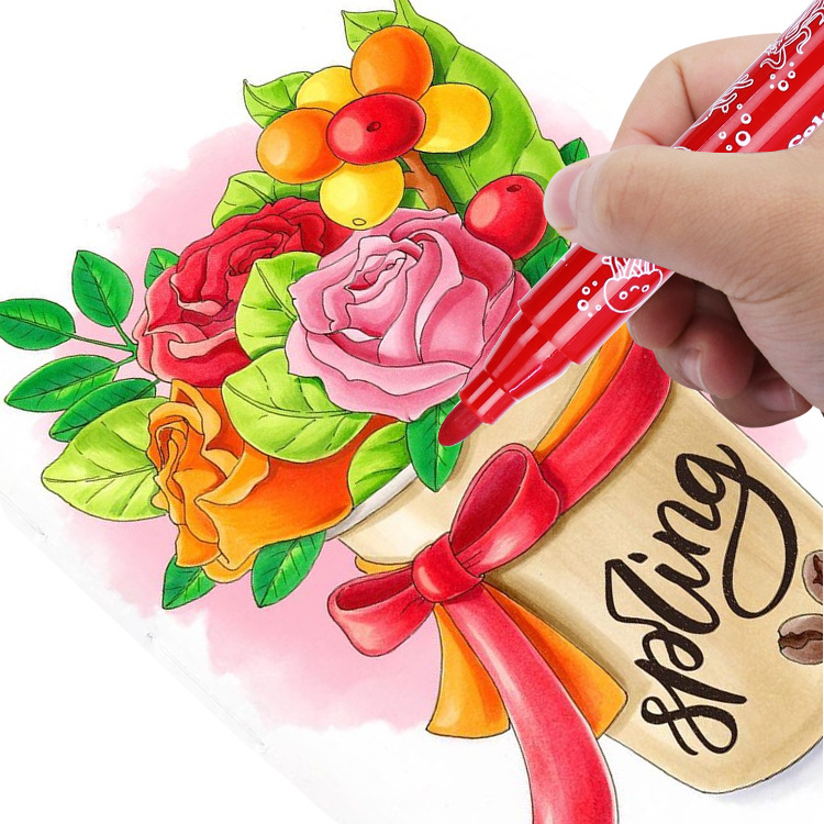 Yalong Cross-border washable 12-color ribbon stamp pen tip round handle art watercolor pen Children's marker pen Item Picture