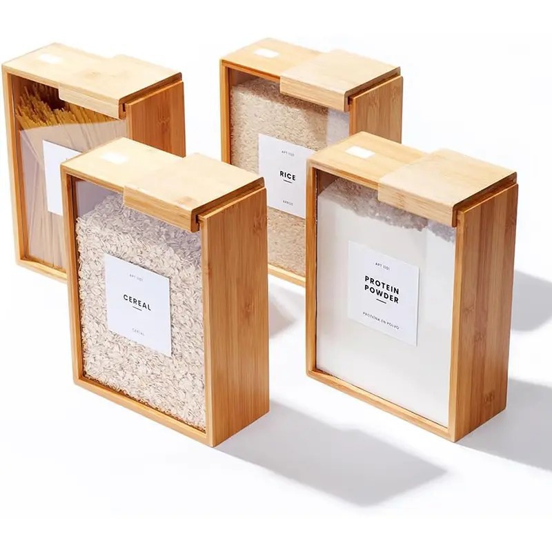 Creative and simple wooden kitchen rice and flour food storage box, multi-functional multi-functional grain dispenser and organization box details Picture