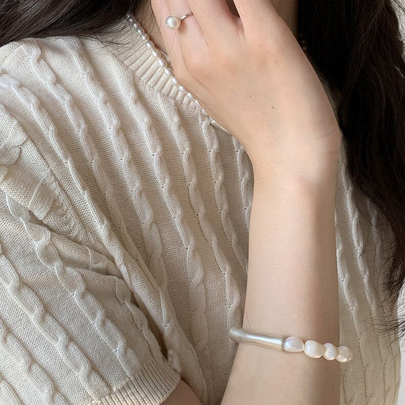 Natural Baroque freshwater pearl bracelet S925 sterling silver curved tube elastic bracelet, design sense, niche bracelet for women Item Picture