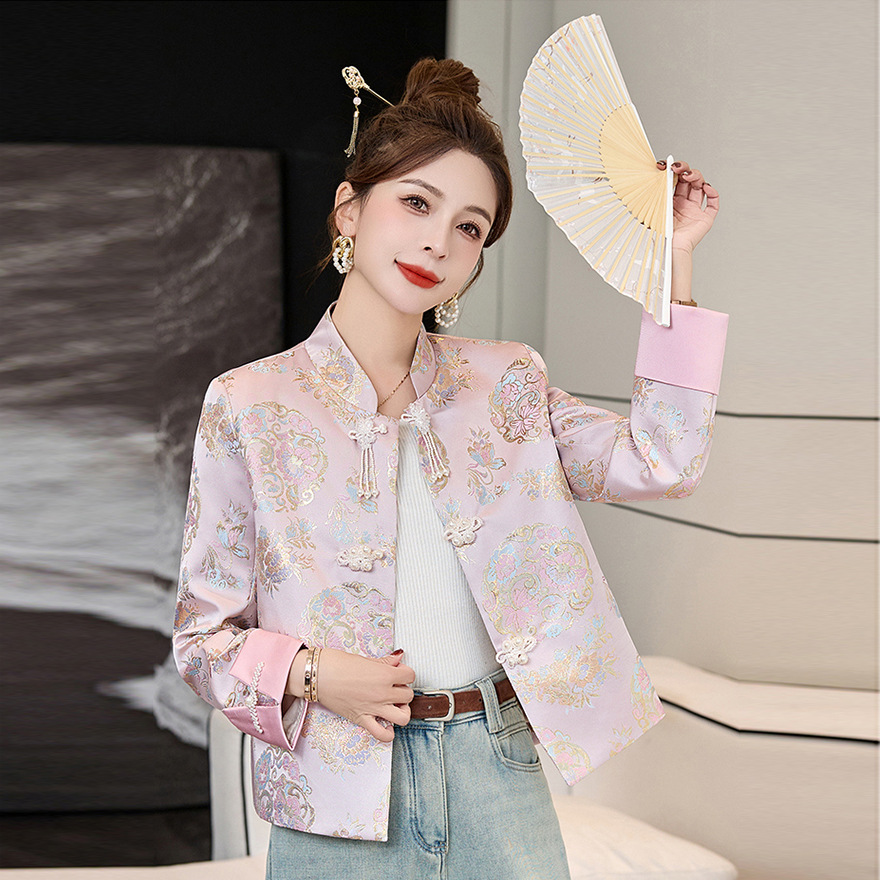 【国潮】外套女装2025春季小个子高定复古盘扣提花立领唐装上衣