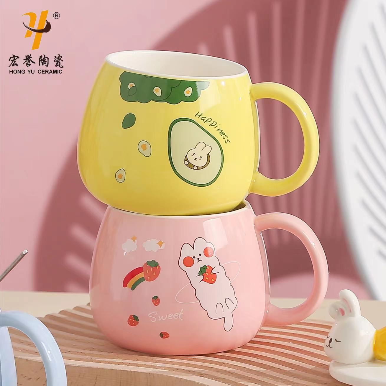 Cute rabbit cups, ceramic cups, high appearance level, couple mugs, creative embossed coffee cups with LIDS, milk cups Specification image