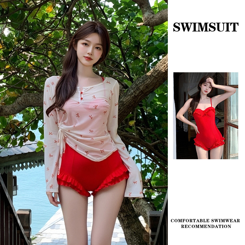 泳衣女连体长袖两件套纯欲风辣妹显瘦遮肉显白复古温泉度假泳装