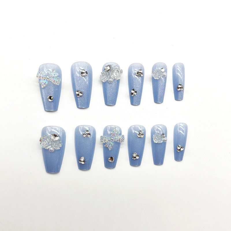 Water blue cat's eye nail patches, long diamond-encrusted camellia, handcrafted wearable nails, fashionable and sweet Specification image
