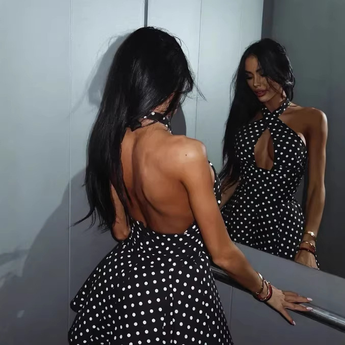 Cross-border European and American style sexy and hot girl fashion polka dot print dress, nightclub style cross-neck halter backless short skirt details Picture