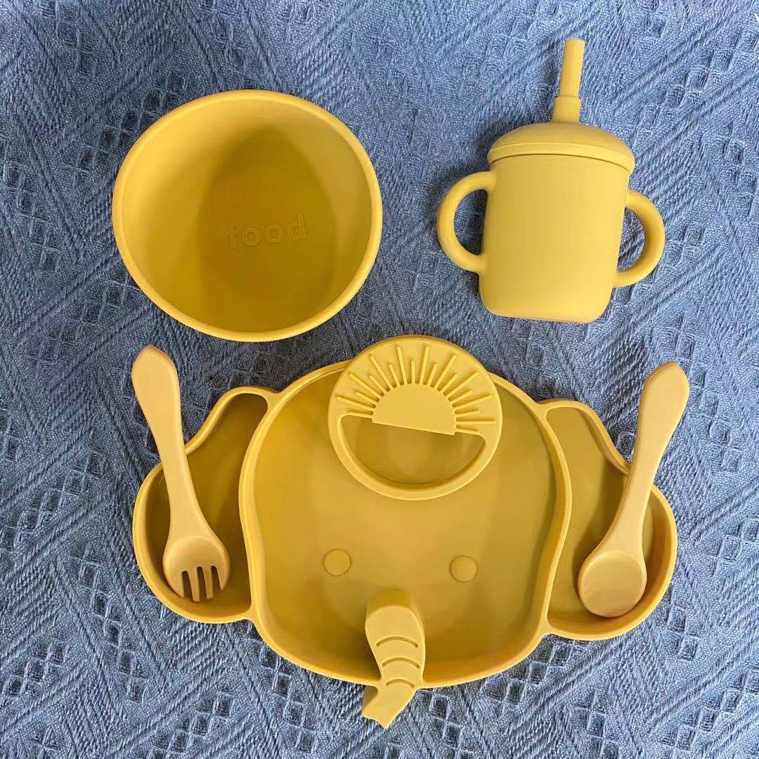 "Baby Feeding" Silicone tableware feeding set, elephant separator plate, suction cup bowl, self-feeding full figure