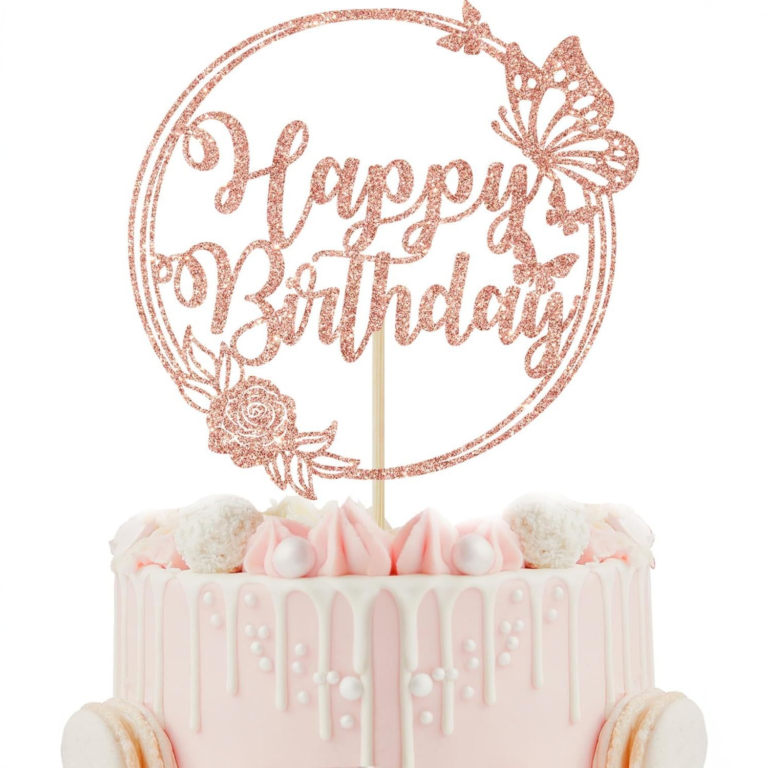 跨境新款双面金色玫瑰金闪光女孩蝴蝶生日派对蛋糕装饰插旗圆插牌