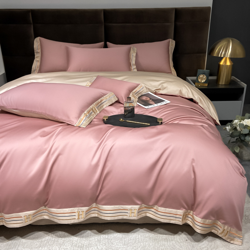 Pink silk bedding four-piece set, duvet cover, pure cotton 60-count bedding, warm and romantic home textiles