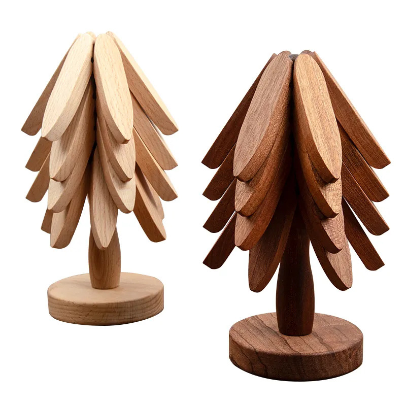 Cross-border foreign trade solid wood Christmas tree coasters, tree heat insulation pads, placemats, high-end style, ins wooden ornaments, creative heat-resistant table MATS, P52 Item Picture