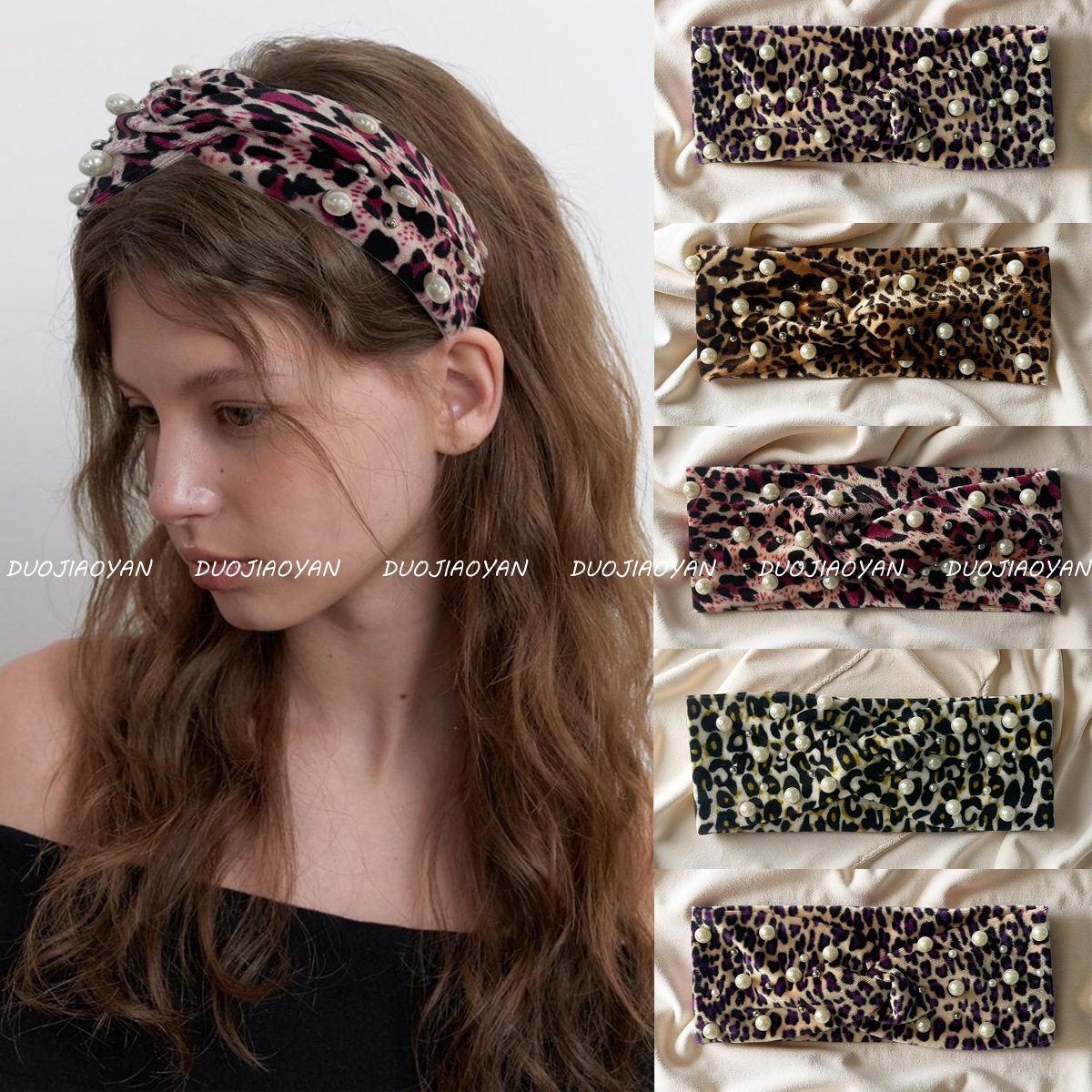 New cross-border leopard print cross-velvet hair band, retro and fashionable pearl headwear, high-end feel, warm and windproof hair band full figure