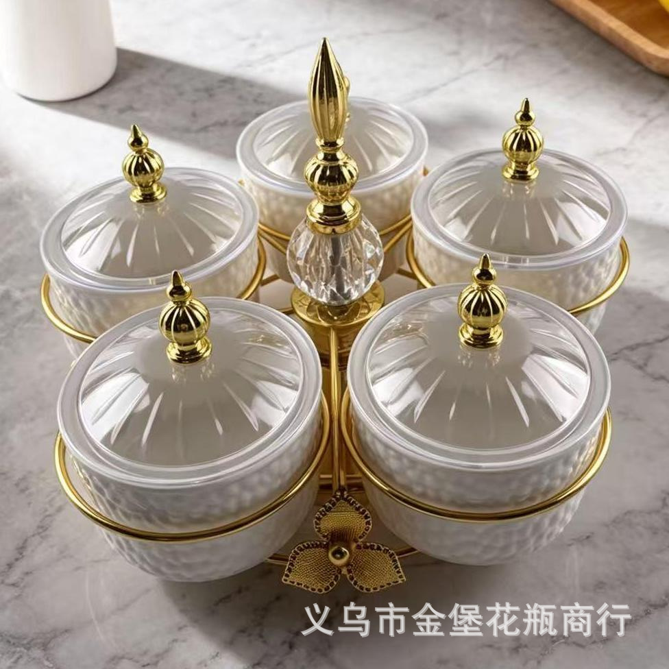 轻奢金边旋转分格果盘 六连体带盖陶瓷果碗 年货坚果糖果分装收纳 Specification image