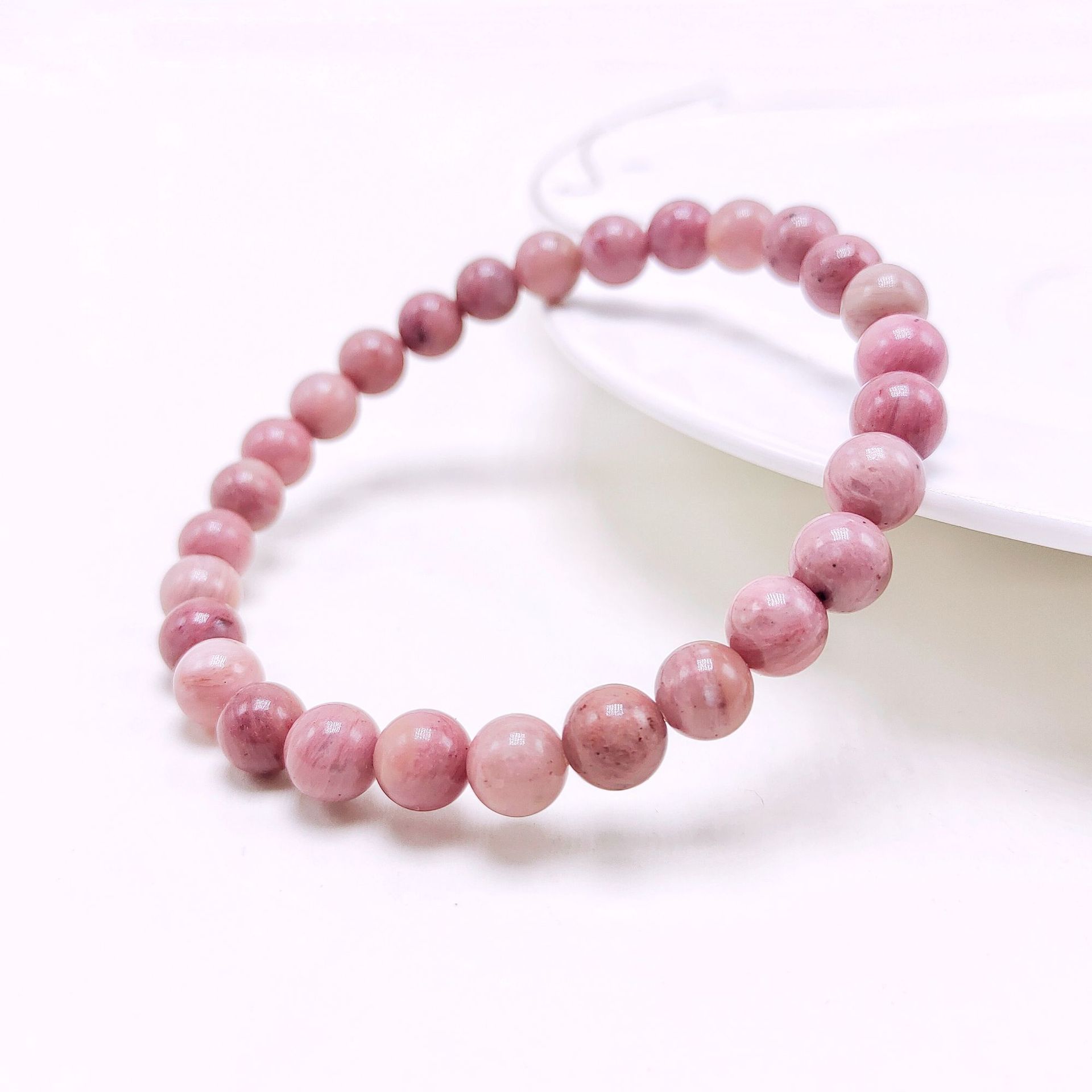 Natural red-patterned rose stone peach blossom bracelet, a pink female summer bracelet, as a birthday gift for my best friend details Picture