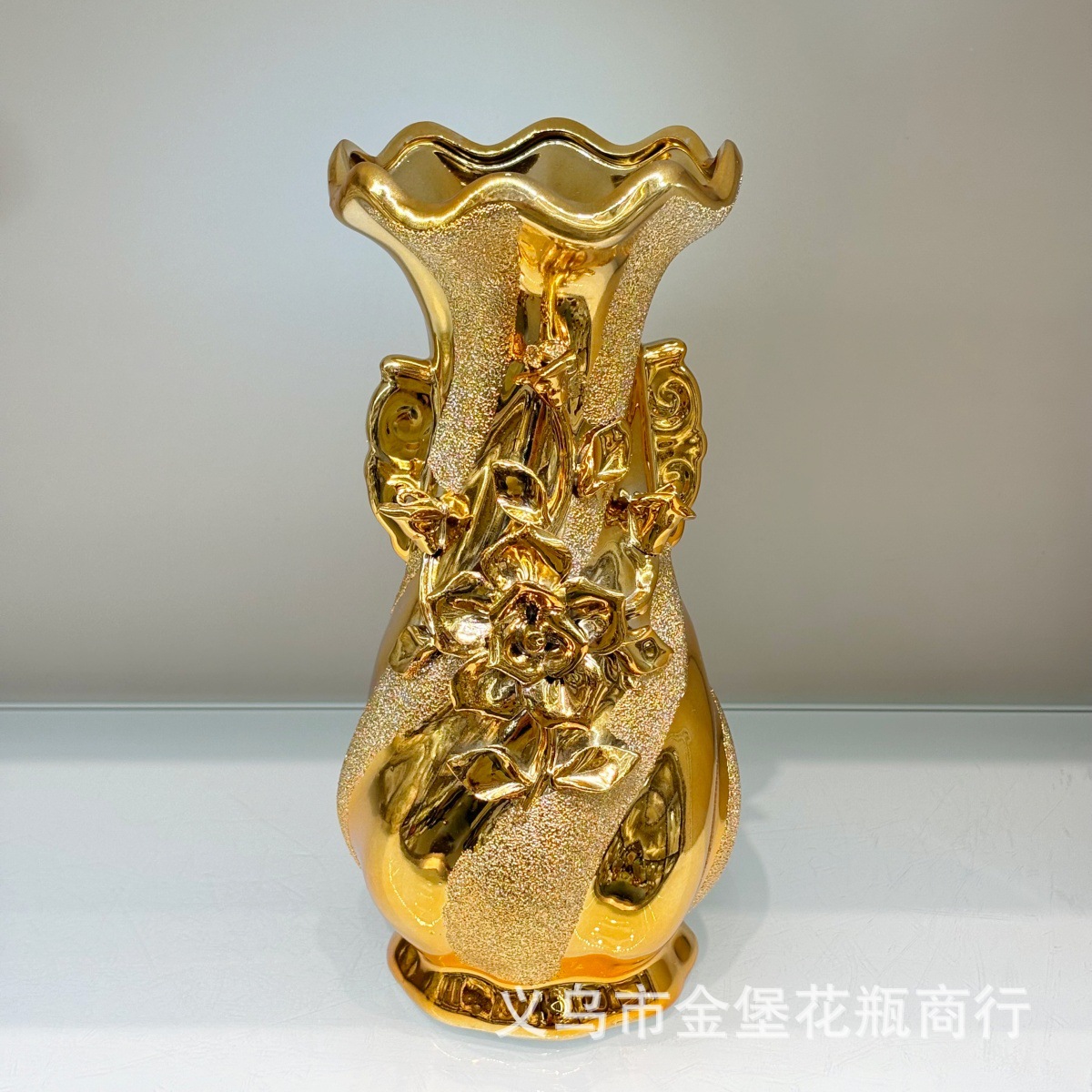 A pair of golden offering vase ceramic vases are placed in front of the 12-inch ceramic gilded Guanyin Nectar Vase Buddha Specification image