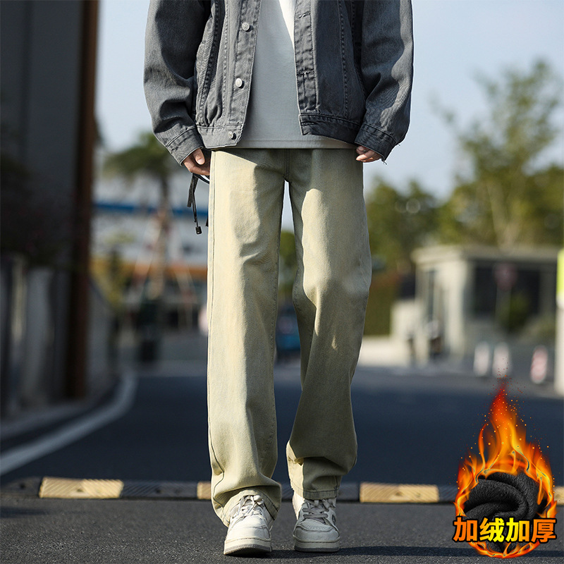 Retro washed jeans for men's winter fashion brand vibe loose straight-leg pants with fleece wide-leg casual trousers Specification image