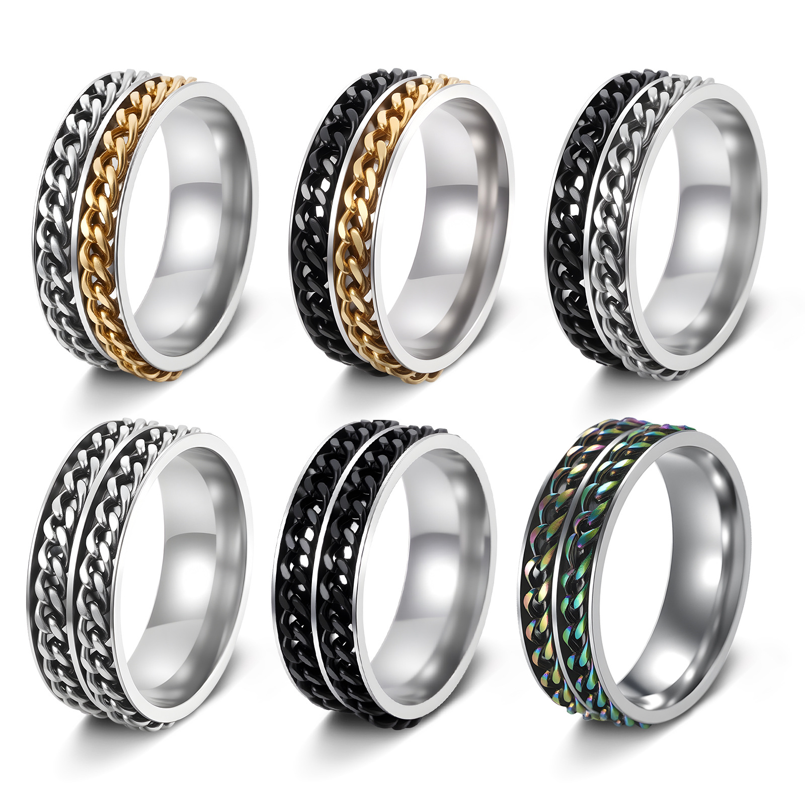 Factory direct sales of men's titanium steel double-chain rotating rings, cross-border rotating stress-relieving accessories, cross-border jewelry wholesale