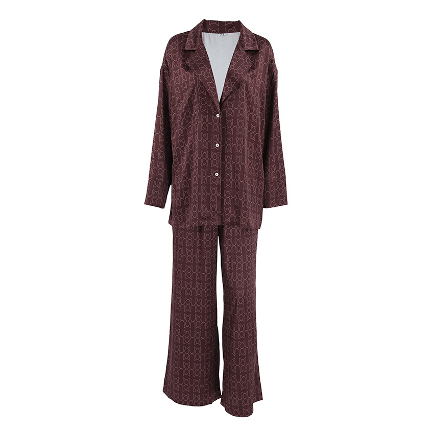 Brown satin comfortable and skin-friendly printed long-sleeved and long pants pajama set 2025 European and American autumn new home wear for women Item Picture