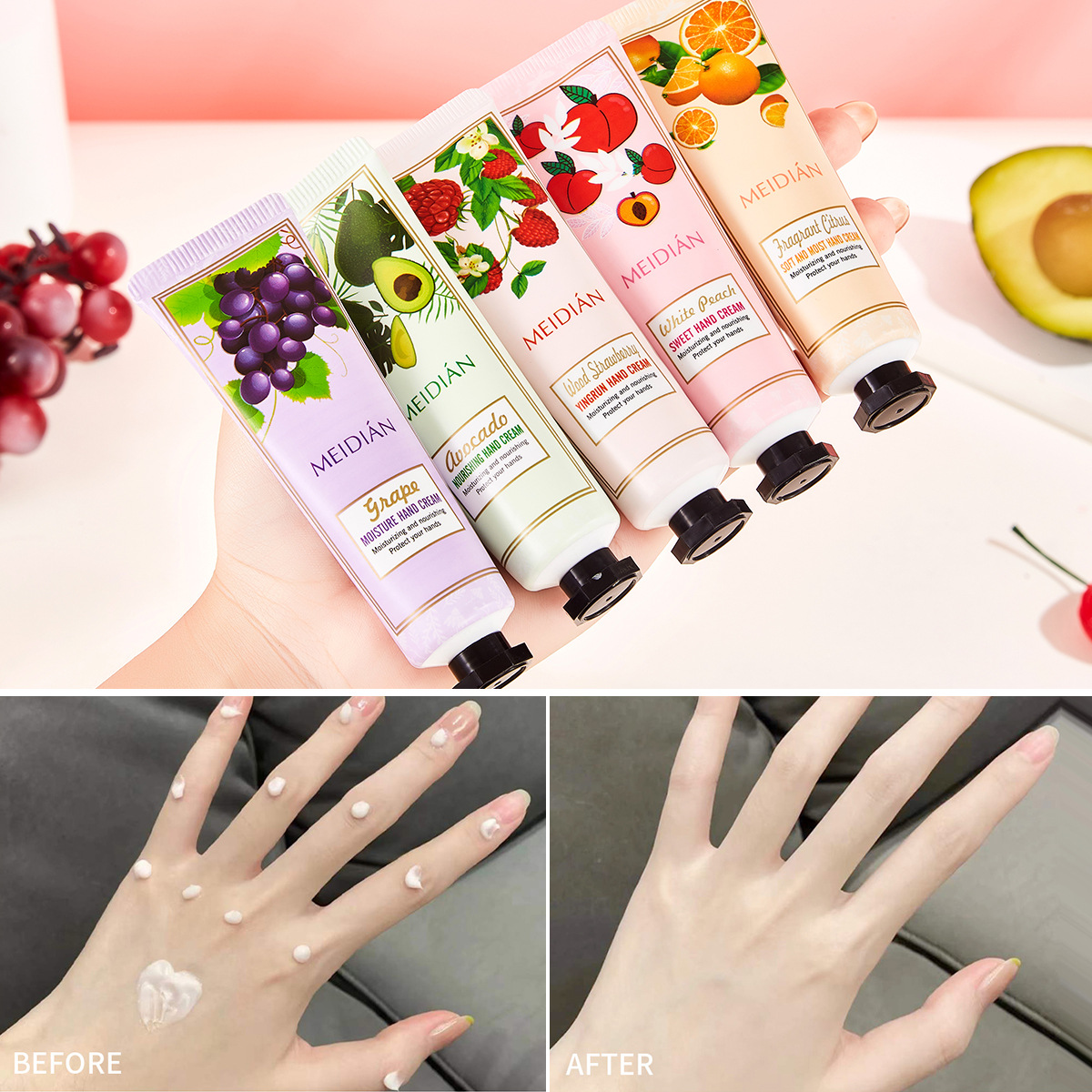 【 Exclusive for Foreign Trade 】 Wholesale of 5-bottle Set of Meidian Fruit Fragrance Hand Cream Moisturizing and Anti-Cracking Hand Cream Application Scenario