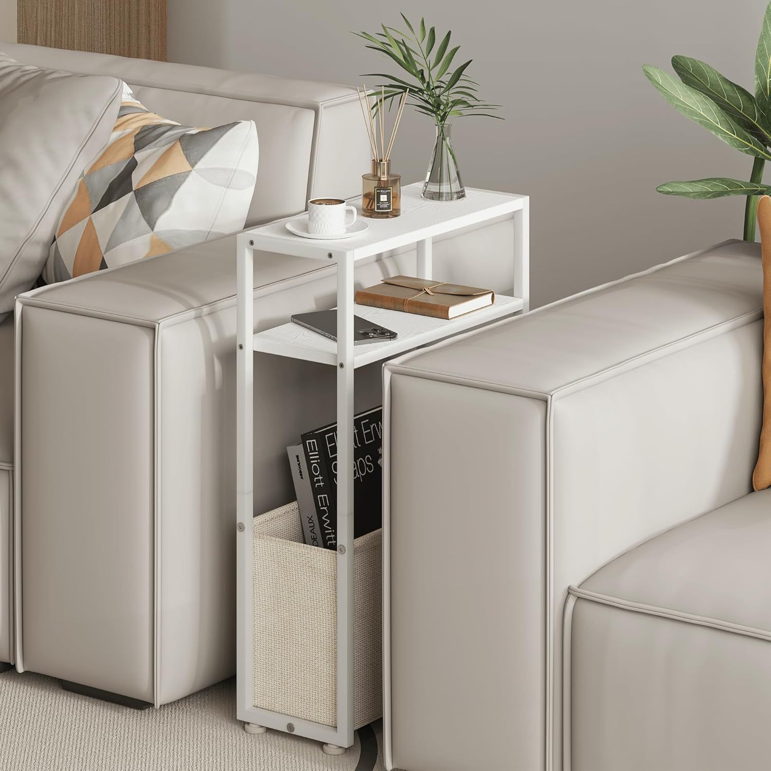 A few tables beside the sofa in a modern and simple style with storage baskets. Made of iron and wood, it is a small space living room that can be moved beside the sofa Specification image