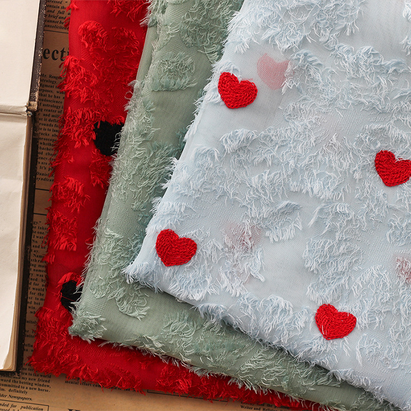 Spring and summer new chiffon cut-wool tassel fabric, heart-shaped embroidered multi-color available fabric, Japanese and Korean women's dress fabric details Picture