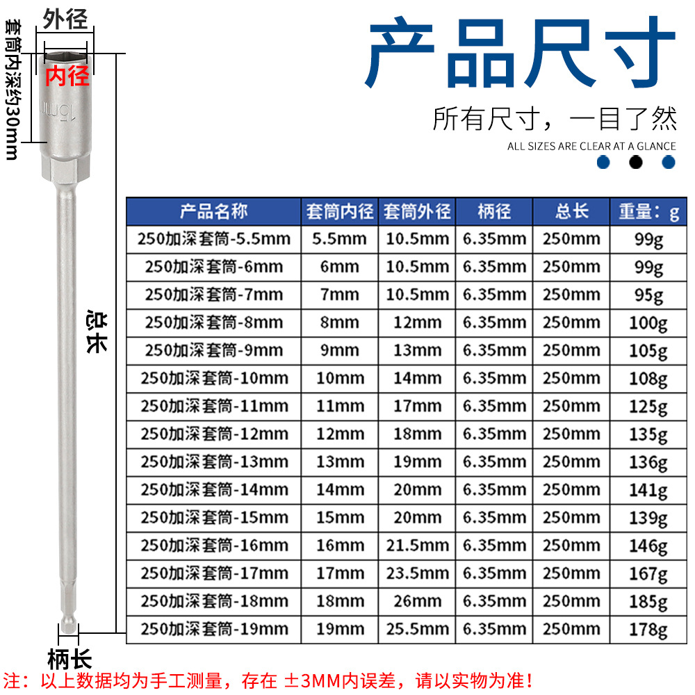 Hexagon socket socket extended integrated deepening wind cannon screwdriver screwdriver deepening socket non-magnetic 250mm deep socket Specification drawing