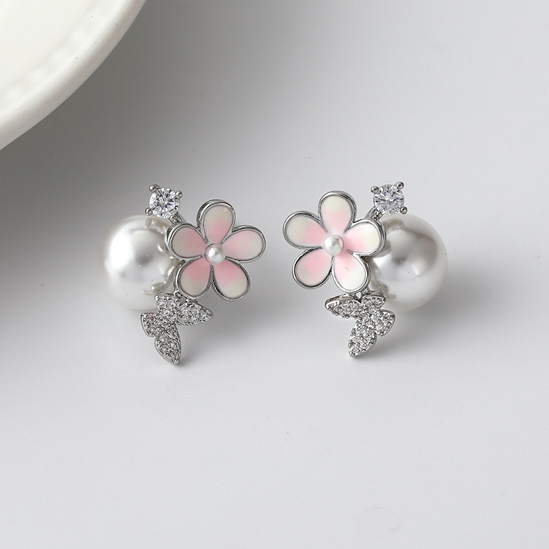 韩版清新简约耳钉女纯银时尚蝴蝶款珍珠微镶耳饰通勤耳环珍珠耳钉产品图